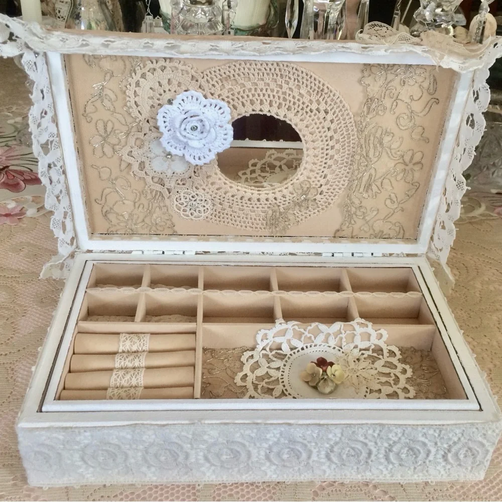 Handmade Large Jewelry Box Vintage Lace & Jewelry FLOWER BOUQUET Single Tray NWT